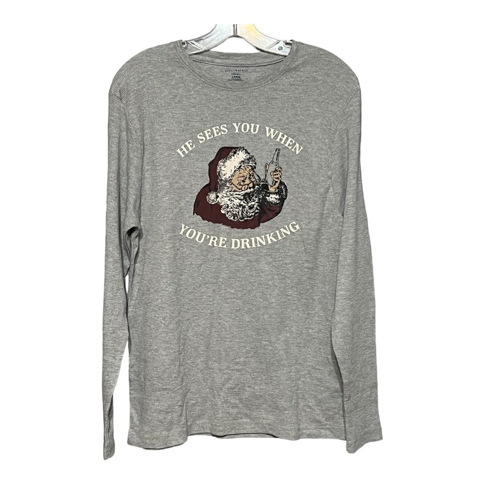 Lucky Brand Long Sleeve Crew Neck Waffle Knit Santa Shirt Gray Men’s Large
